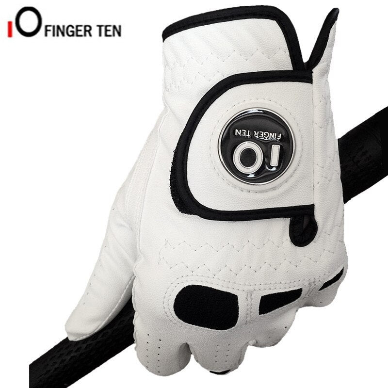 Finger Ten Non-slip Golf Gloves Men Right Hand All Weather Grip Breathable Gloves With Ball Marker Left Hand 1 Pc White Design