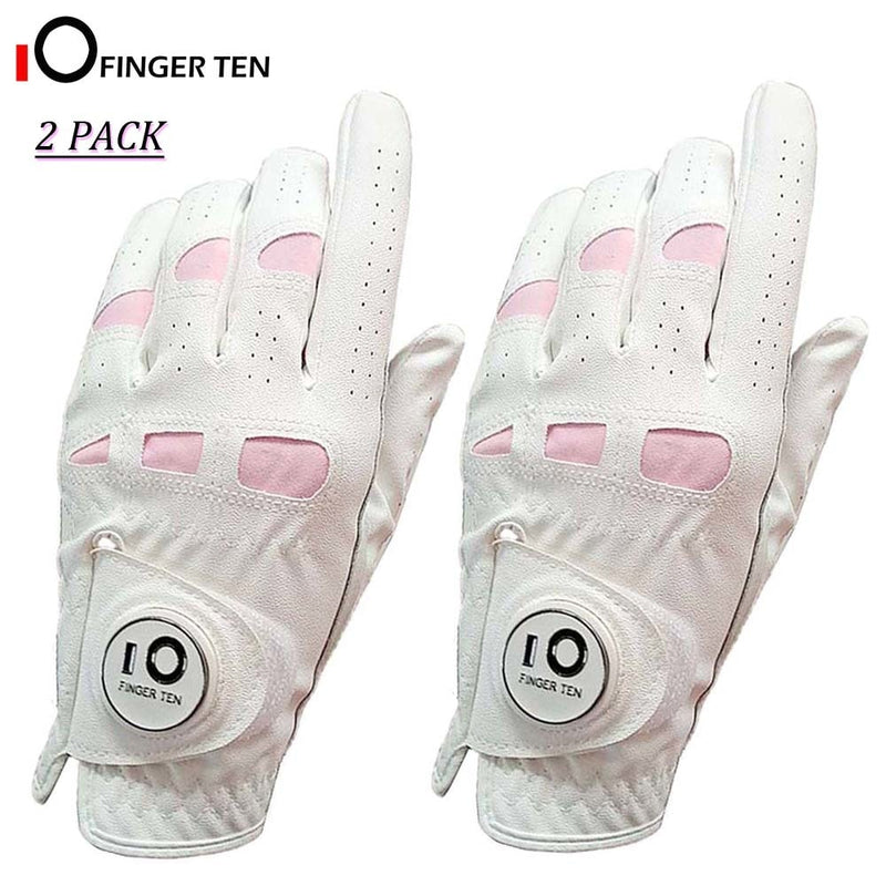 2 Pack Cabretta Leather White Soft Womens Golf Gloves with Ball Marker Left Right Hand Extra Grip Ladies Girls Sizes S M L XL