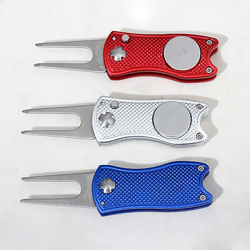 Stainless Steel Golf Divot Repair Tool Switchblade Foldable Golf Pitchfork Putting Green Fork Golf Training Aids Pitch Tool